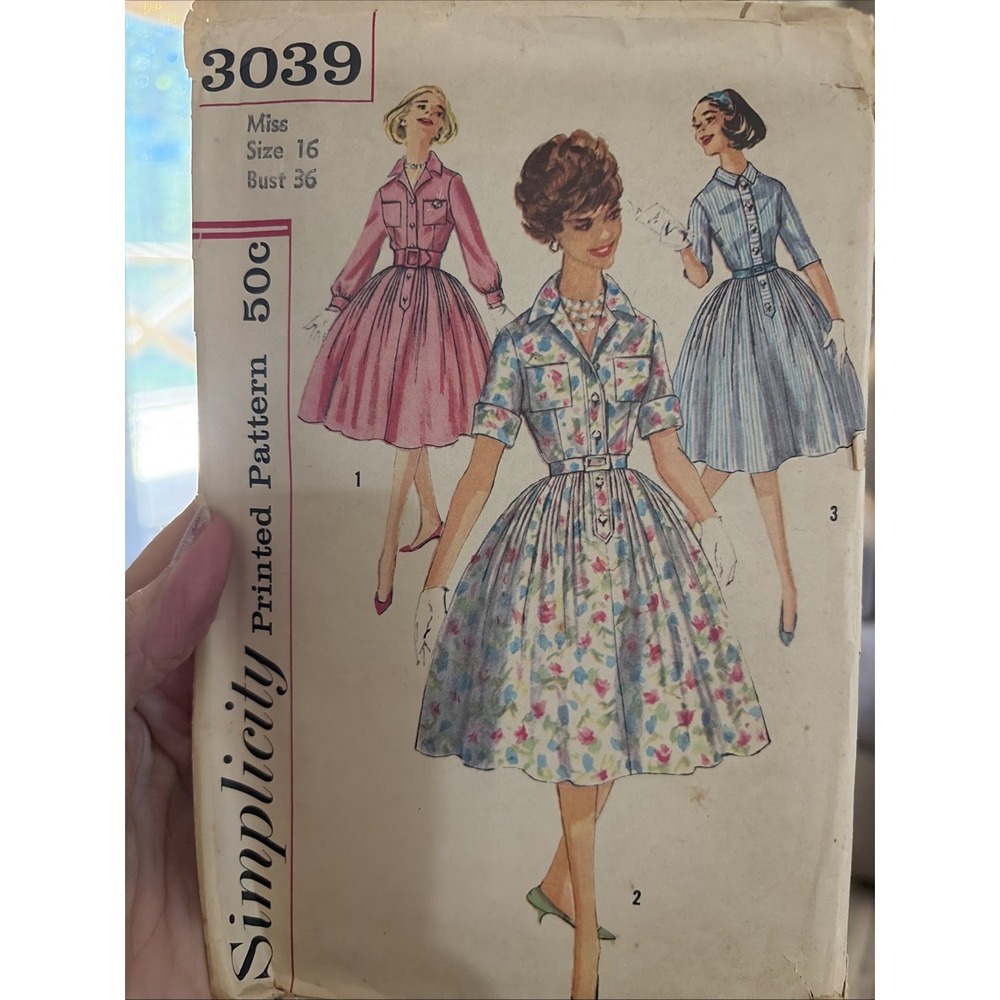 Vintage 50s Simplicity 3039 Shirtwaist Dress Sewing Pattern Size 16 Bust 36 Cut